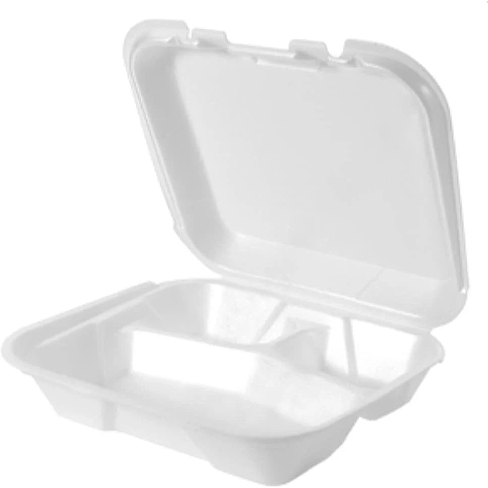 Genpak - 8.44" X 7.63" X 2.38" White Small 3 Compartment Foam Hinged Container, 200/Cs - SN223