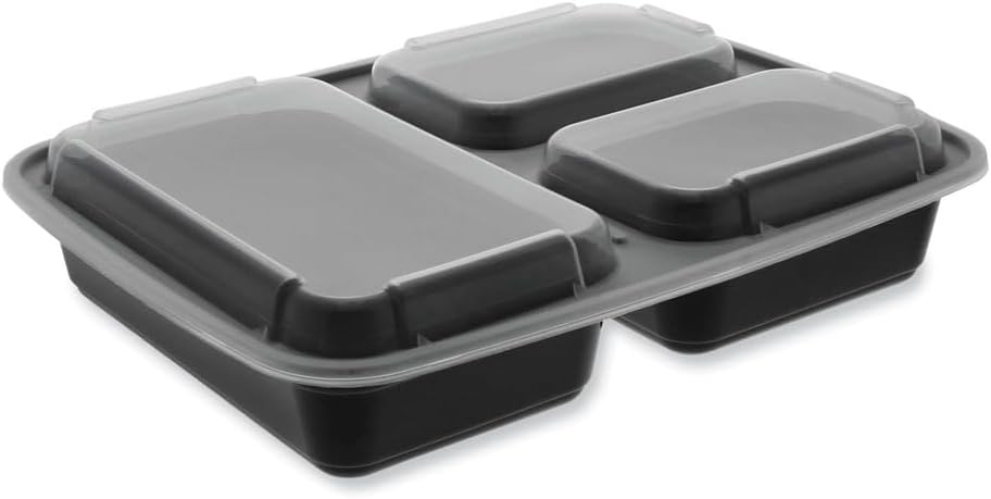 Barquette noire rectangulaire 3 compartiments de 1,4 L avec couvercle transparent, 150/Caisse - 68039