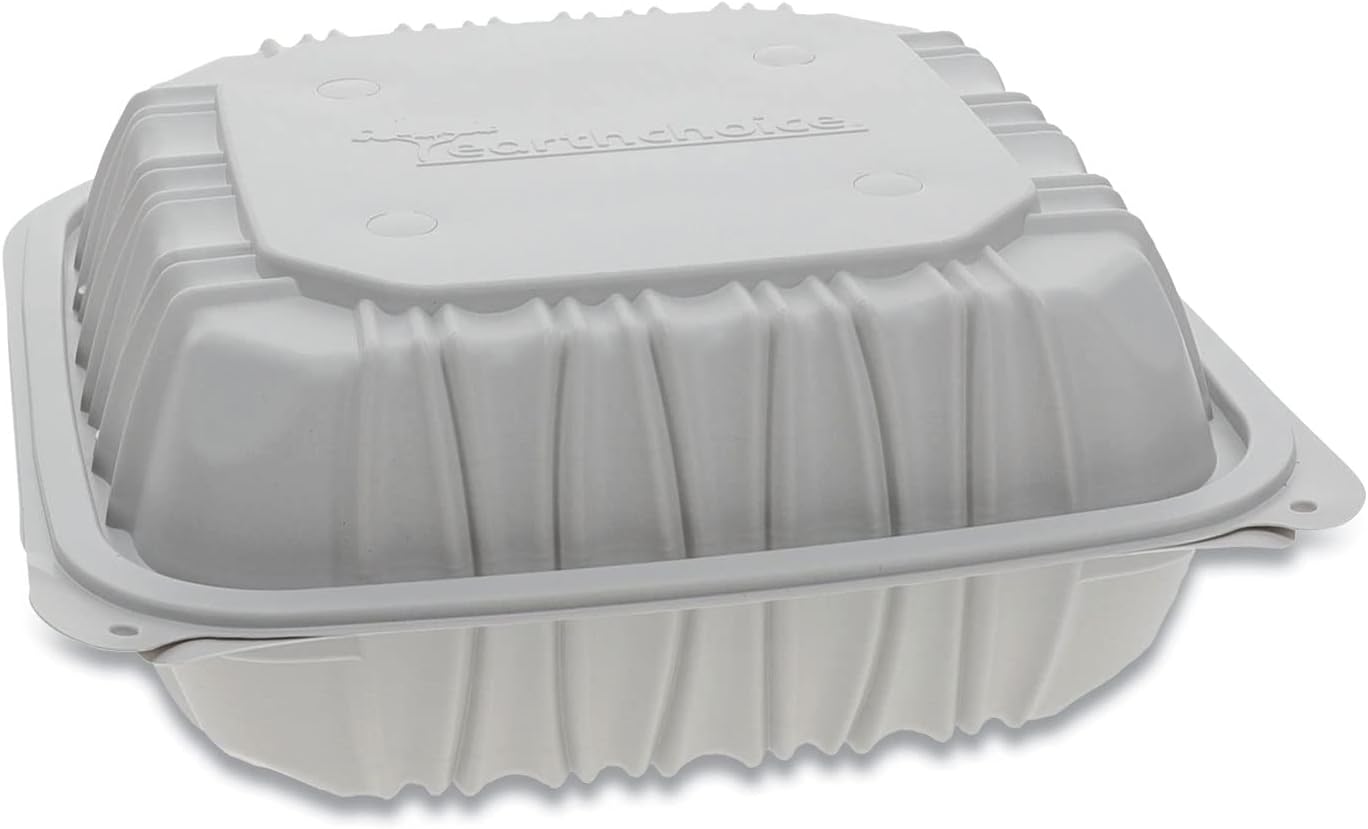 Pactiv Evergreen - 8.5" x 8.6" x 3.1" White, Vented 3-Compartment MFPP Hinged Lid Container, 146/Cs - YCNW0853