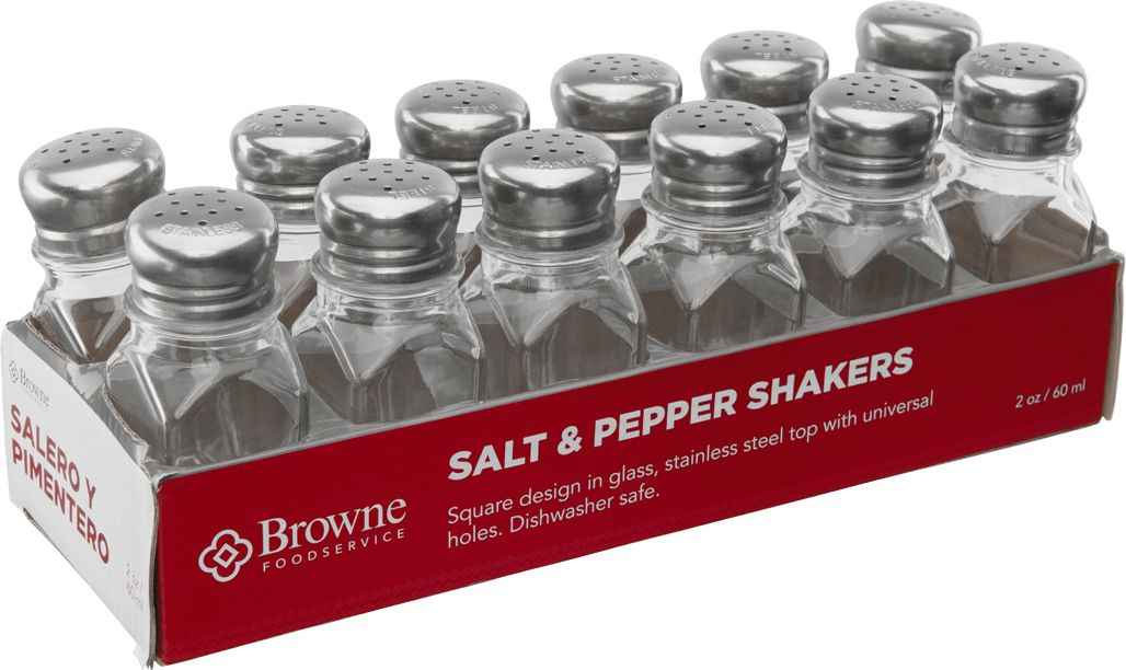 Browne - 3 oz Salt and Pepper Glass Shaker Tower with Stainless Steel Mushroom Top, Pack of 72 - 575223