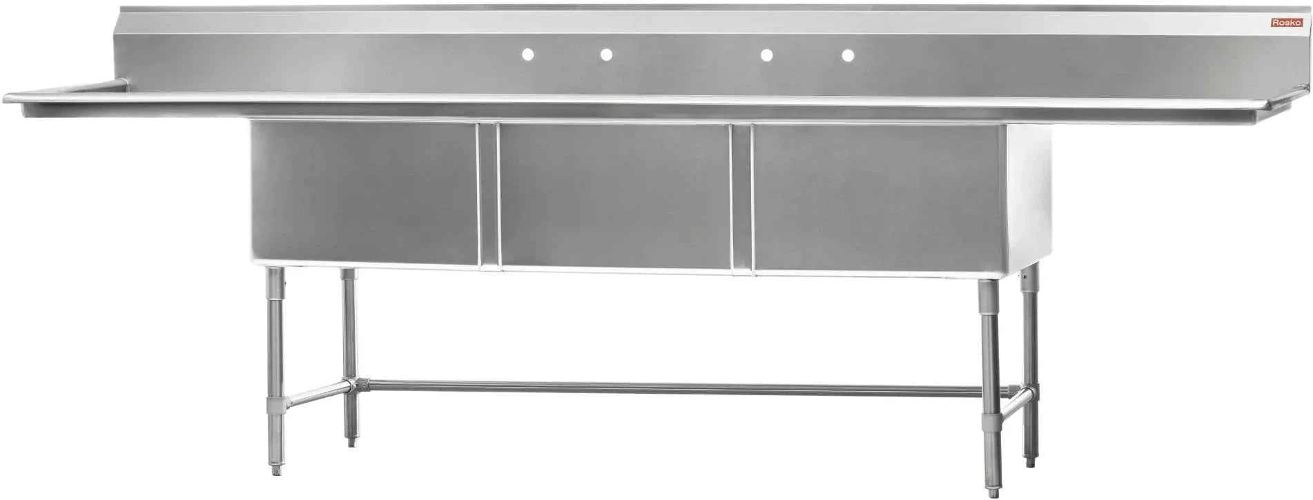 Julien - Commercial Stainless Steel Rosko 24-Inch x 24-Inch Triple-Bowl Sink, Right and Left Drainboards - RO-ST-2424-LR24