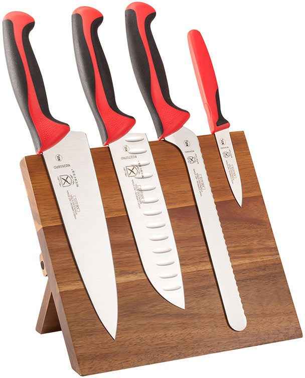 Mercer - 9.5" x 8.6" x 0.75" Acacia Magnetic Board with Japanese Steel Knives with Red Handle, Pack Of 5 - M21982RD