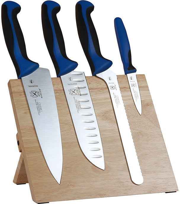 Mercer - 9.5" x 8.6" x 0.75" Rubberwood Magnetic Board with Japanese Steel Knives with Blue Handle, Pack Of 5 - M21980BL