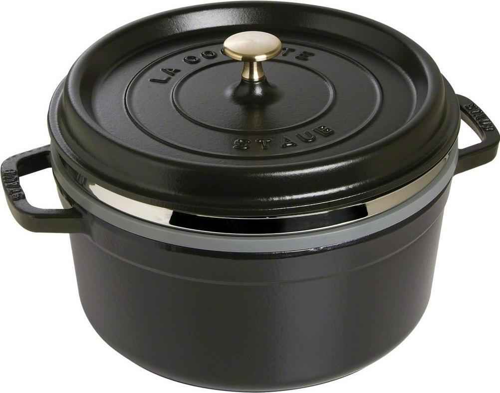 Staub - Cast Iron 5.5 Qt Round Cocotte with Steamer Black 5.2-Litre - 40510-606