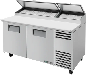 TRUE - 67" Stainless Steel Solid Door Pizza Prep Table with Angled Top and Hydrocarbon Refrigerant - TPP-AT-67-HC
