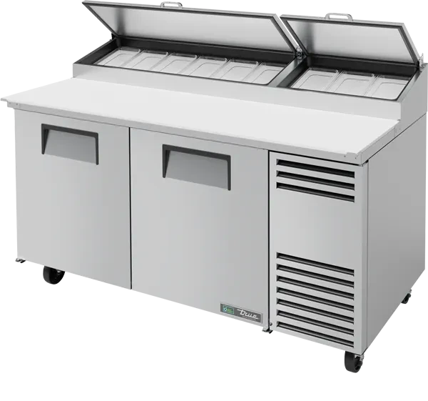 TRUE - 67" Stainless Steel Solid Door Pizza Prep Table with Angled Top and Hydrocarbon Refrigerant - TPP-AT-67-HC