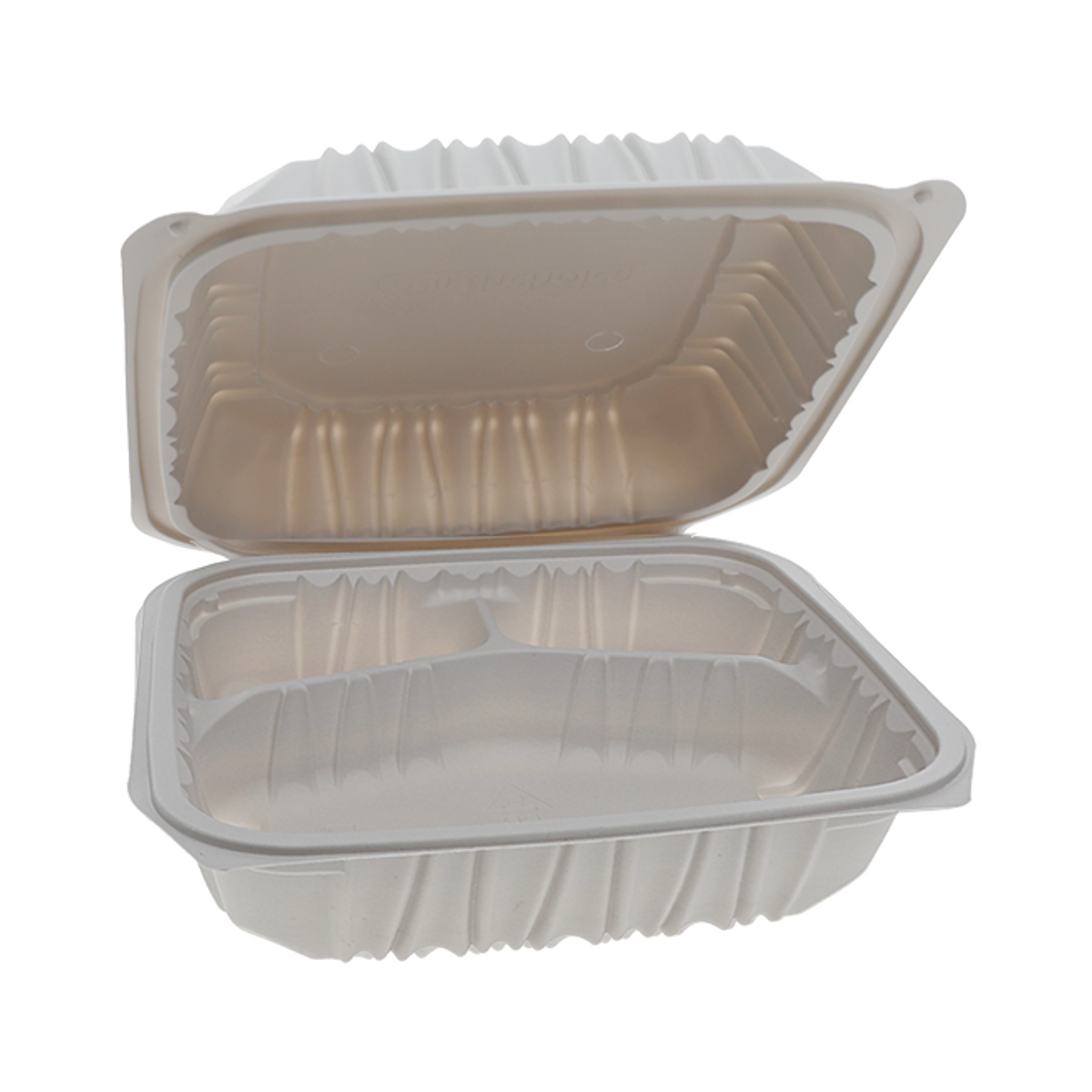 Pactiv Evergreen - 8.5" x 8.6" x 3.1" White, Vented 3-Compartment MFPP Hinged Lid Container, 146/Cs - YCNW0853